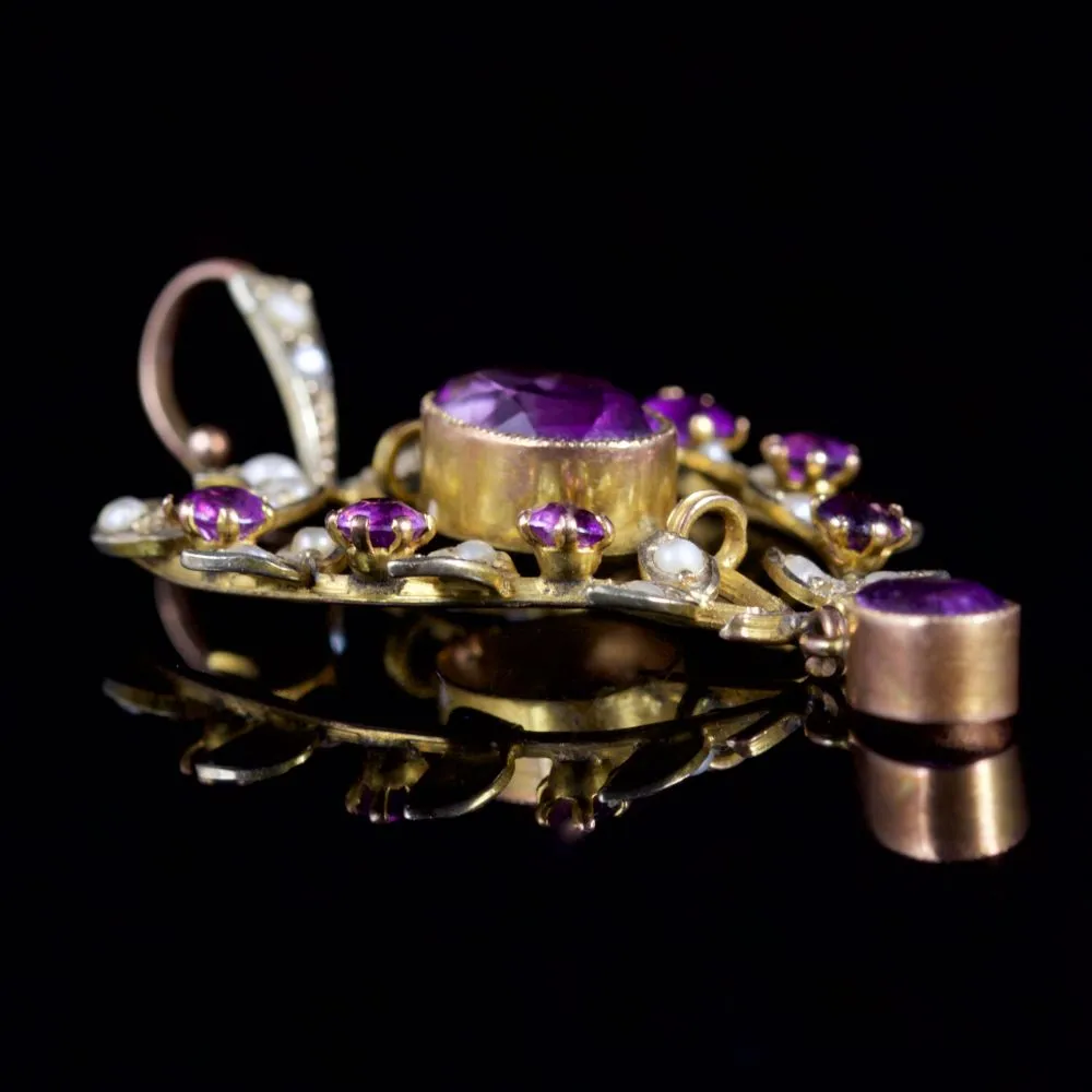 Antique Victorian Amethyst Pearl Pendant 9Ct Circa 1900