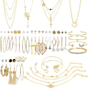 AROIC 38-52PCS Jewelry Set with Necklace Bracelet Layered Ball Dangle Hoop Stud Earrings for Women Jewelry Fashion and Valentine Birthday Party Gift