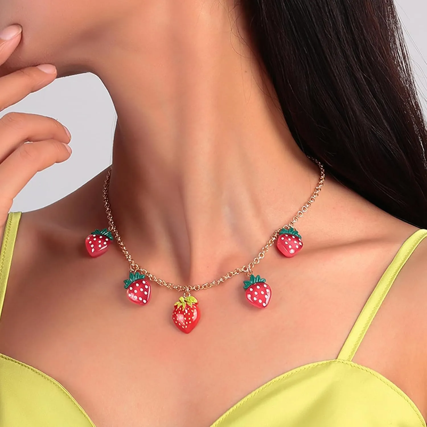 Atiptu Red Strawberry Pendant Necklace for Women Funny Starwberry Fruit Choker Necklace 14K Gold Sparkling Dripping Strawberry Necklace Trendy Strawberry Jewelry for Women