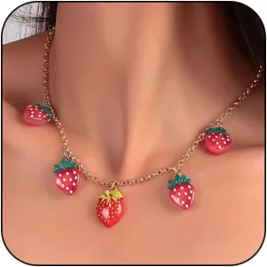 Atiptu Red Strawberry Pendant Necklace for Women Funny Starwberry Fruit Choker Necklace 14K Gold Sparkling Dripping Strawberry Necklace Trendy Strawberry Jewelry for Women