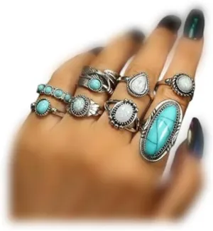 ATTORNEY Bohemian Stacked Ring Stacked Knuckle Ring Joint Knuckle Rings Set Oval Turquoise Finger Ring Opal Gemstone Teardrop Midi Rings Gothic Ring for Teen Girl and Women (A)