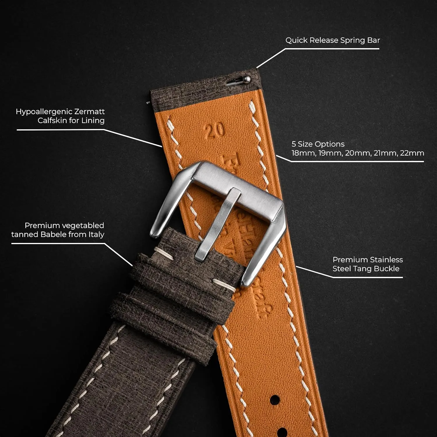 Babele Full Grain Leather Handmade Watch Band For Men and Women - Premium Italian Genuine Quick Release Watch Strap - Replacement Band - 18mm 19mm 20mm 21mm 22mmm