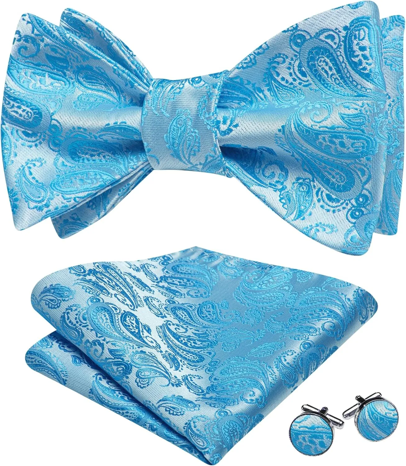 Barry.Wang Bow Tie and Lapel Pin Mens Self Tie Silk Paisley Bowties Handkerchief Cufflinks Set Formal Wedding Tuxedo