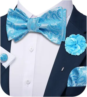 Barry.Wang Bow Tie and Lapel Pin Mens Self Tie Silk Paisley Bowties Handkerchief Cufflinks Set Formal Wedding Tuxedo