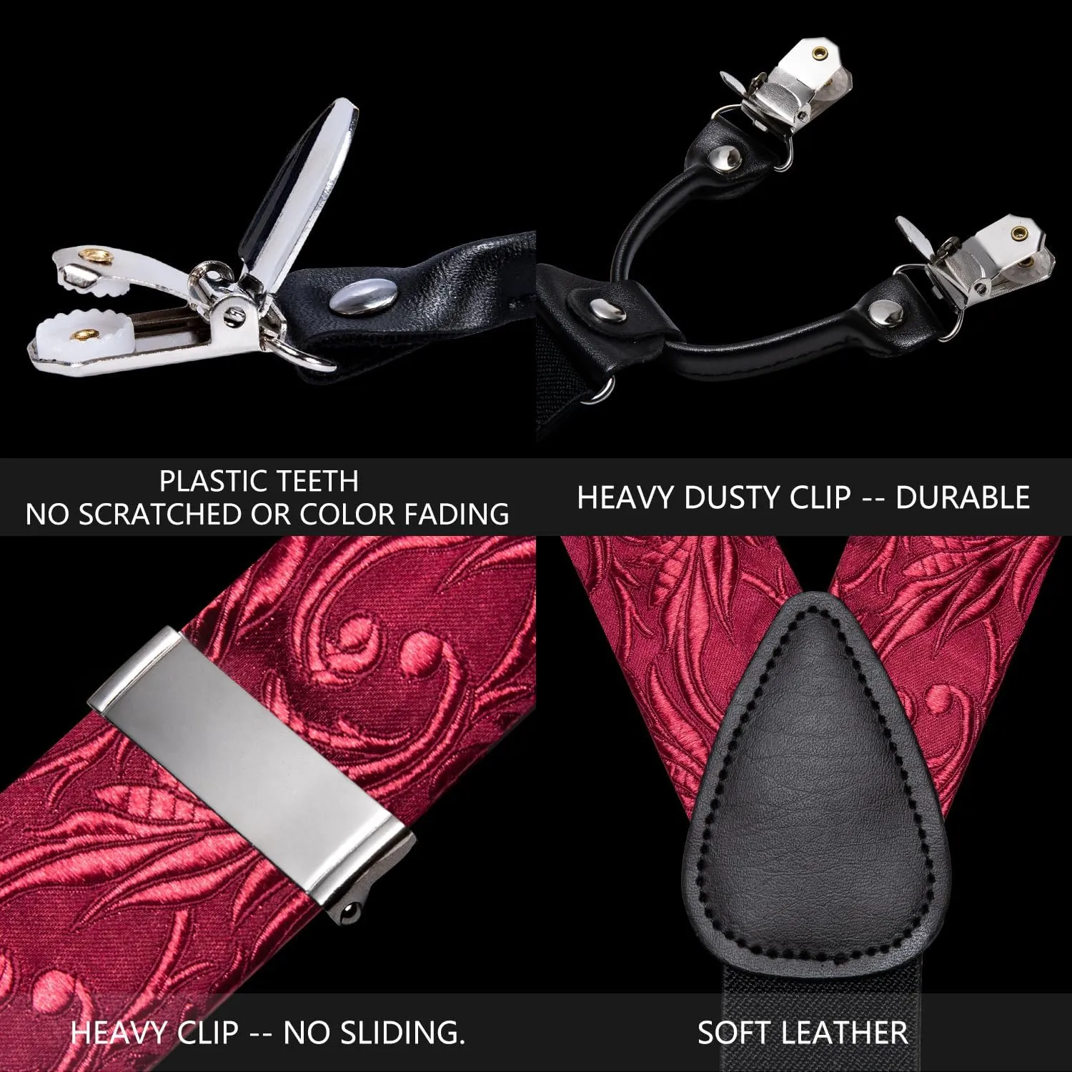 Barry.Wang Men Suspender Set with Necktie Elastic Y Type Heavy Duty 6 Clips Braces Tie Handkerchief Cufflink Pin 6PCS