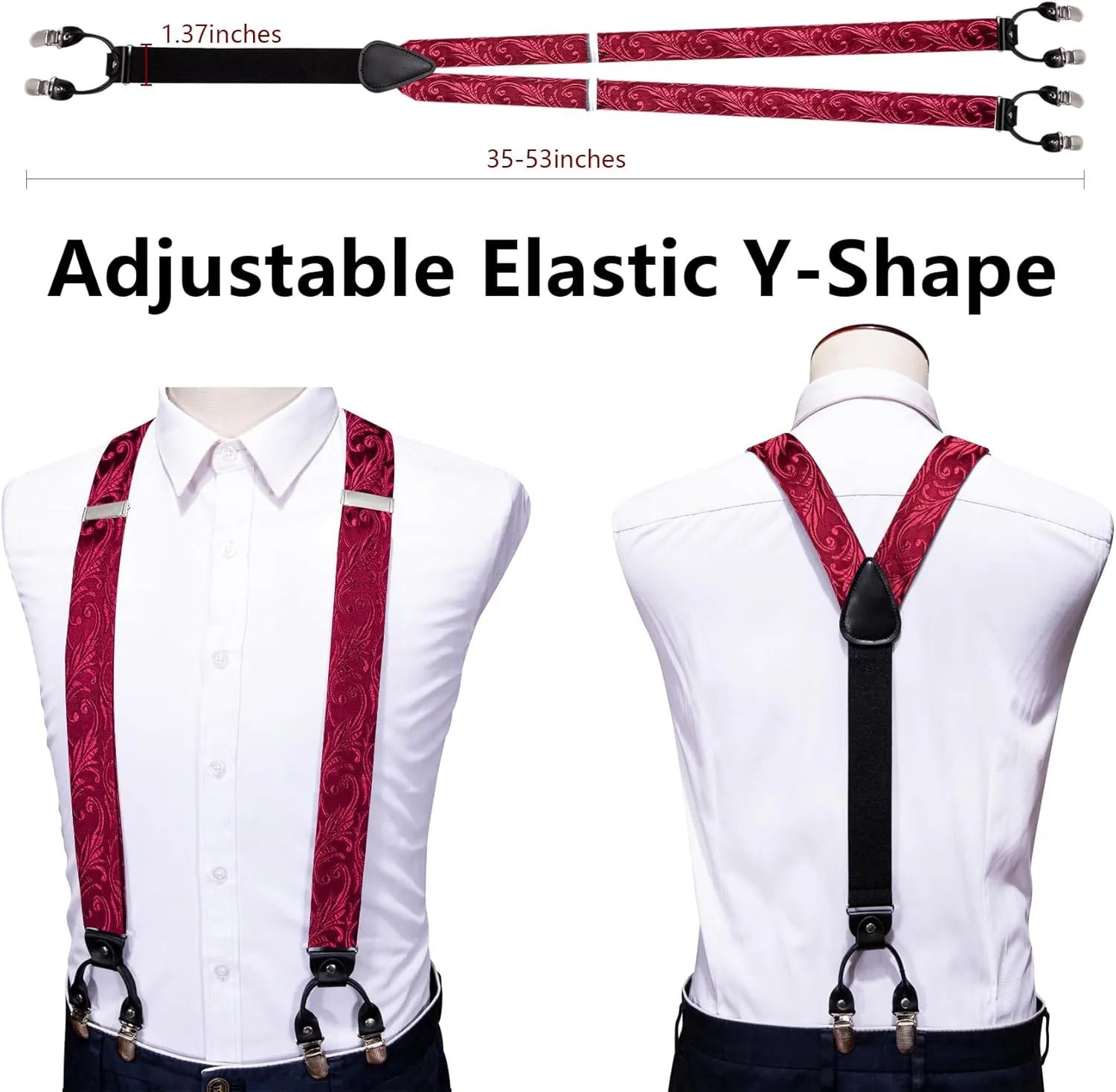 Barry.Wang Men Suspender Set with Necktie Elastic Y Type Heavy Duty 6 Clips Braces Tie Handkerchief Cufflink Pin 6PCS