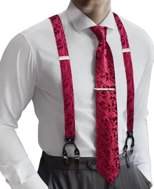 Barry.Wang Men Suspender Set with Necktie Elastic Y Type Heavy Duty 6 Clips Braces Tie Handkerchief Cufflink Pin 6PCS