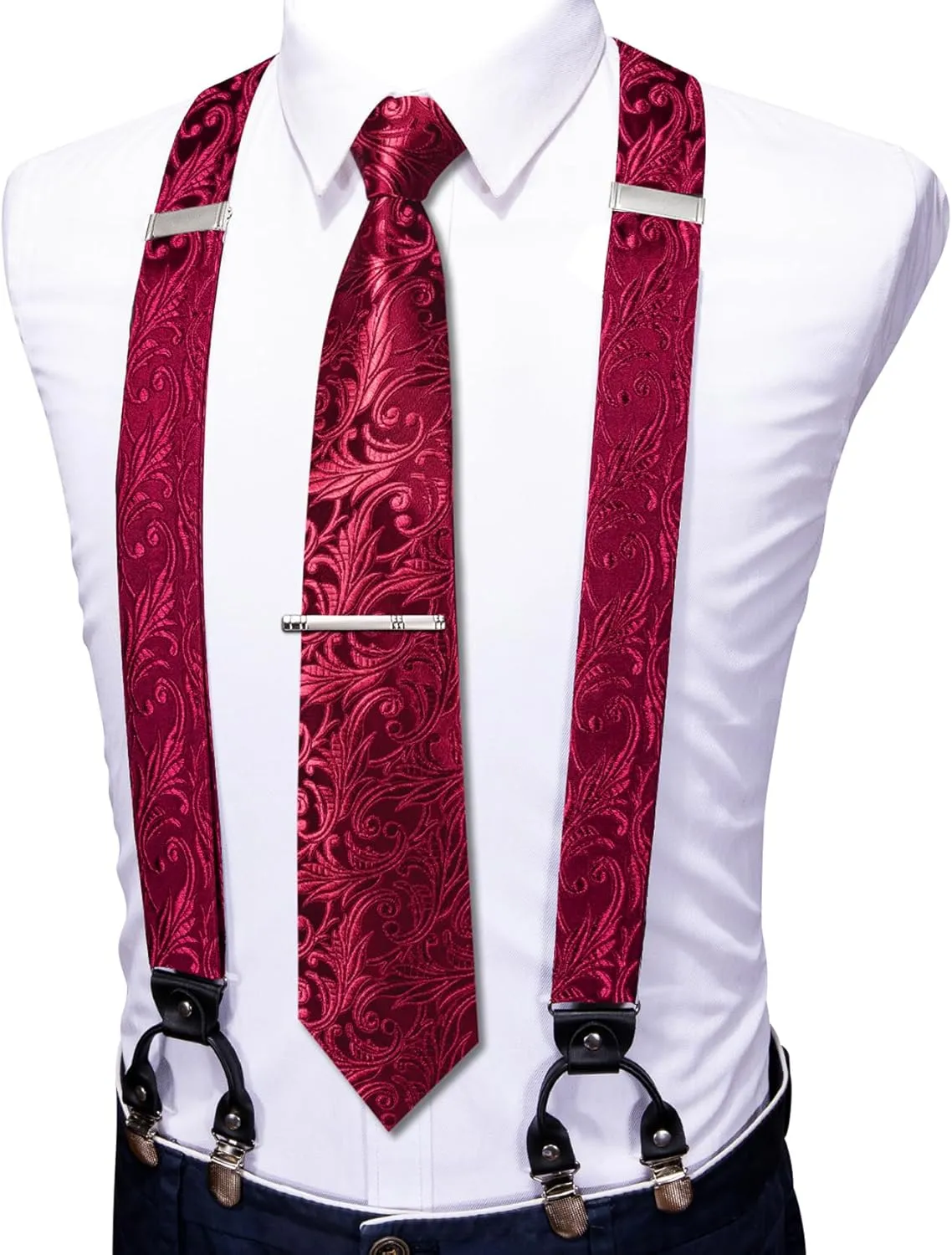 Barry.Wang Men Suspender Set with Necktie Elastic Y Type Heavy Duty 6 Clips Braces Tie Handkerchief Cufflink Pin 6PCS