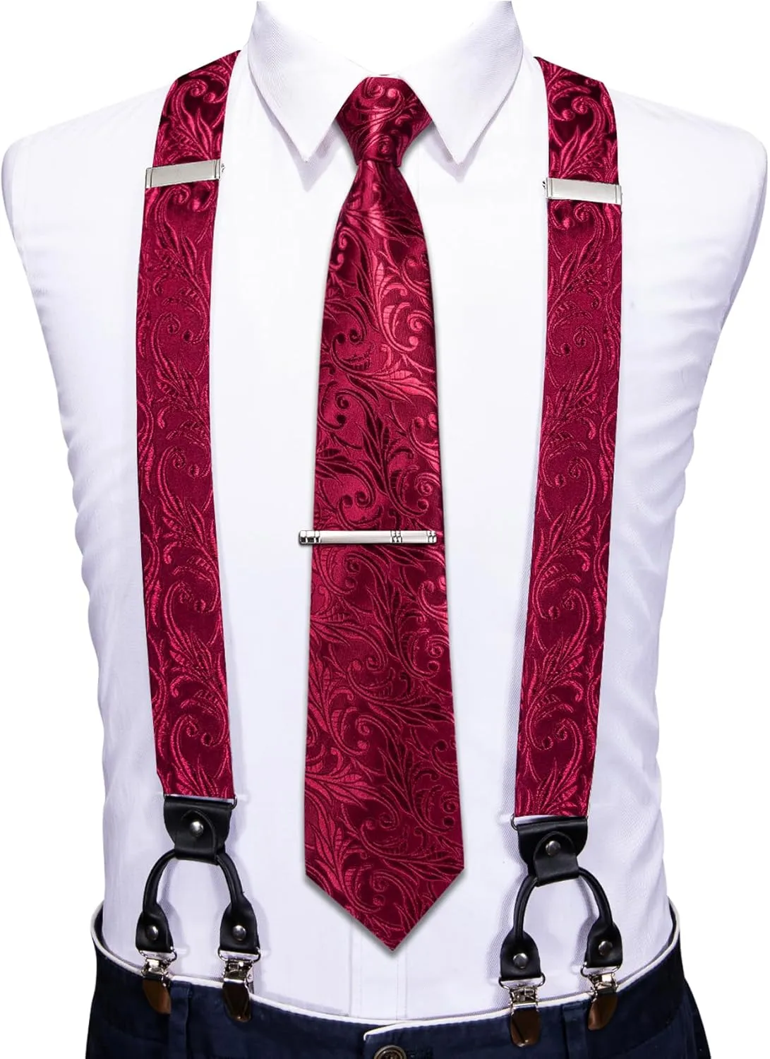 Barry.Wang Men Suspender Set with Necktie Elastic Y Type Heavy Duty 6 Clips Braces Tie Handkerchief Cufflink Pin 6PCS