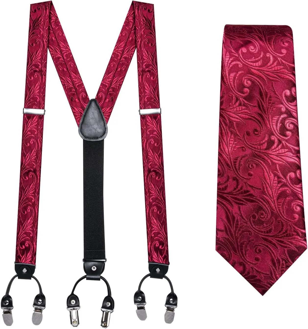 Barry.Wang Men Suspender Set with Necktie Elastic Y Type Heavy Duty 6 Clips Braces Tie Handkerchief Cufflink Pin 6PCS