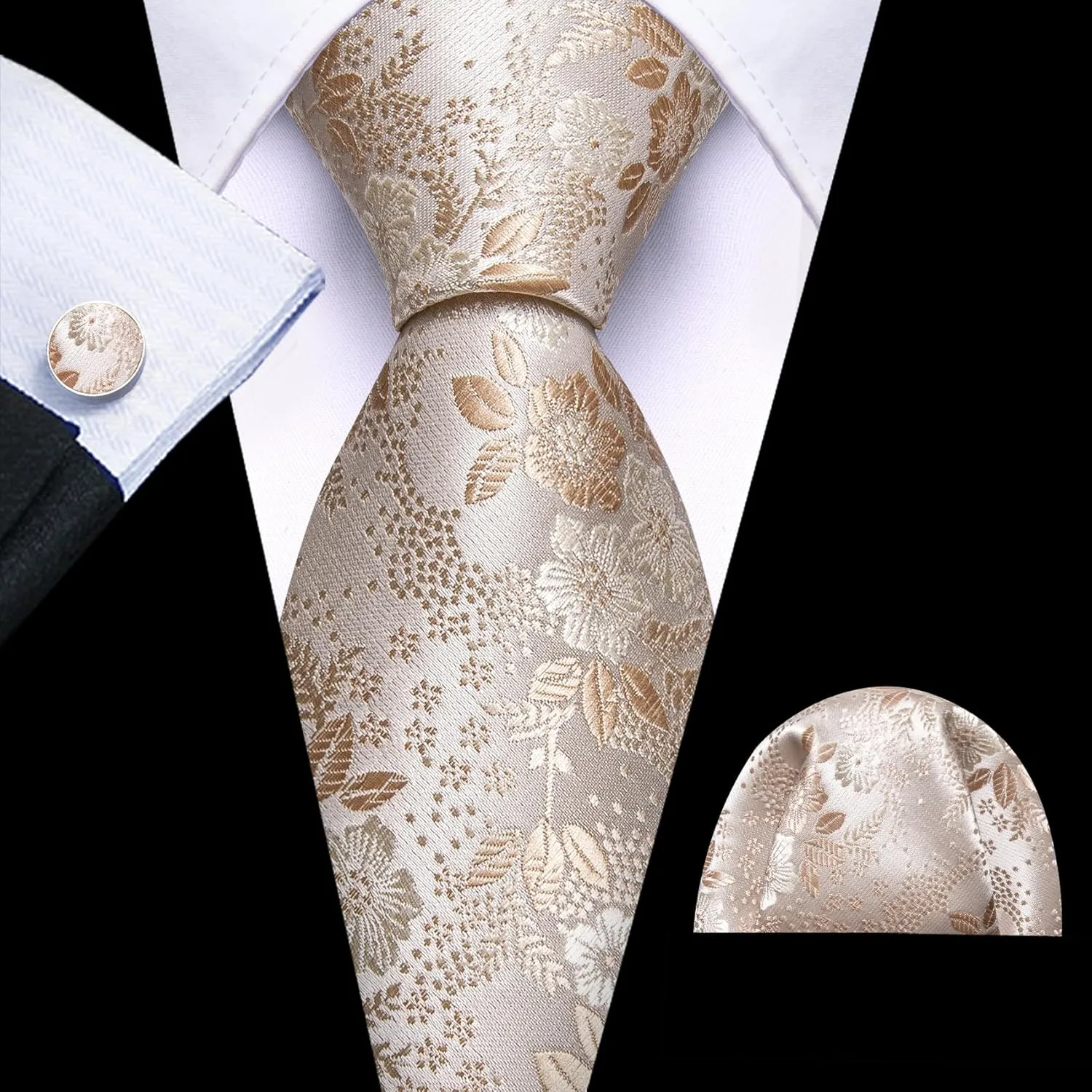 Barry.Wang Men Tie Set Floral Paisley Silk Necktie Pocket Square Cufflinks Formal Wedding Party Business