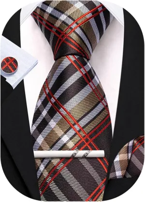 Barry.Wang Stripe Ties Mens Silk Necktie Brown Handkerchief Cufflinks with Tie Clip Set Formal Business Prom