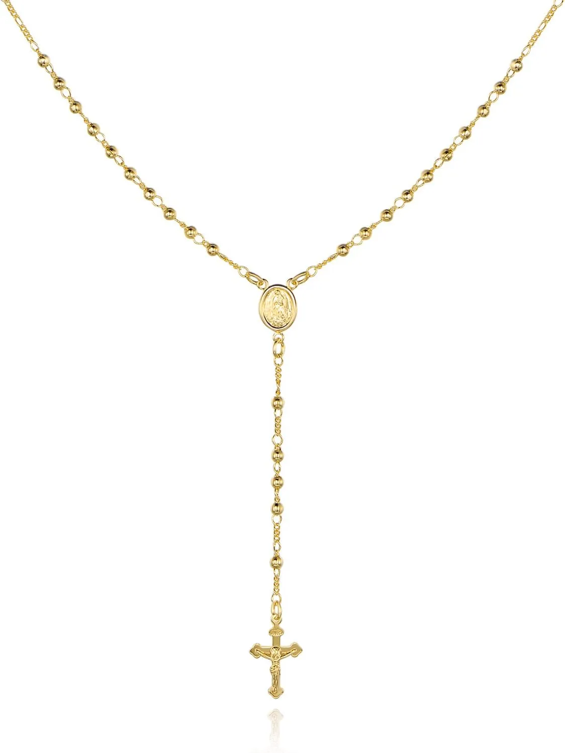 Barzel 18K Gold Plated Virgin Mary Rosary Bead Cross Necklace - Made In Brazil