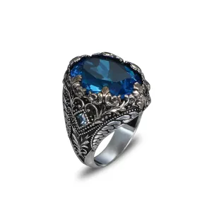 BayVog 925 Sterling Silver Victorian Style Aquamarine Ring, Handmade Silver Ring, Ring for Men, Gemstone Men's Ring, Men's Aquamarine Stone Ring, Silver Rings for Men, Gift for Him