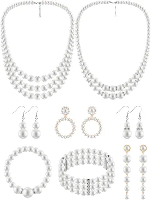BBTO 8 Pcs Pearl Necklace and Earrings Set for Women Faux Pearl Bracelets Costume Jewelry Set for Wedding Bridal Shower Graduation Birthdays Dance Balls Party Mother's Day Gifts