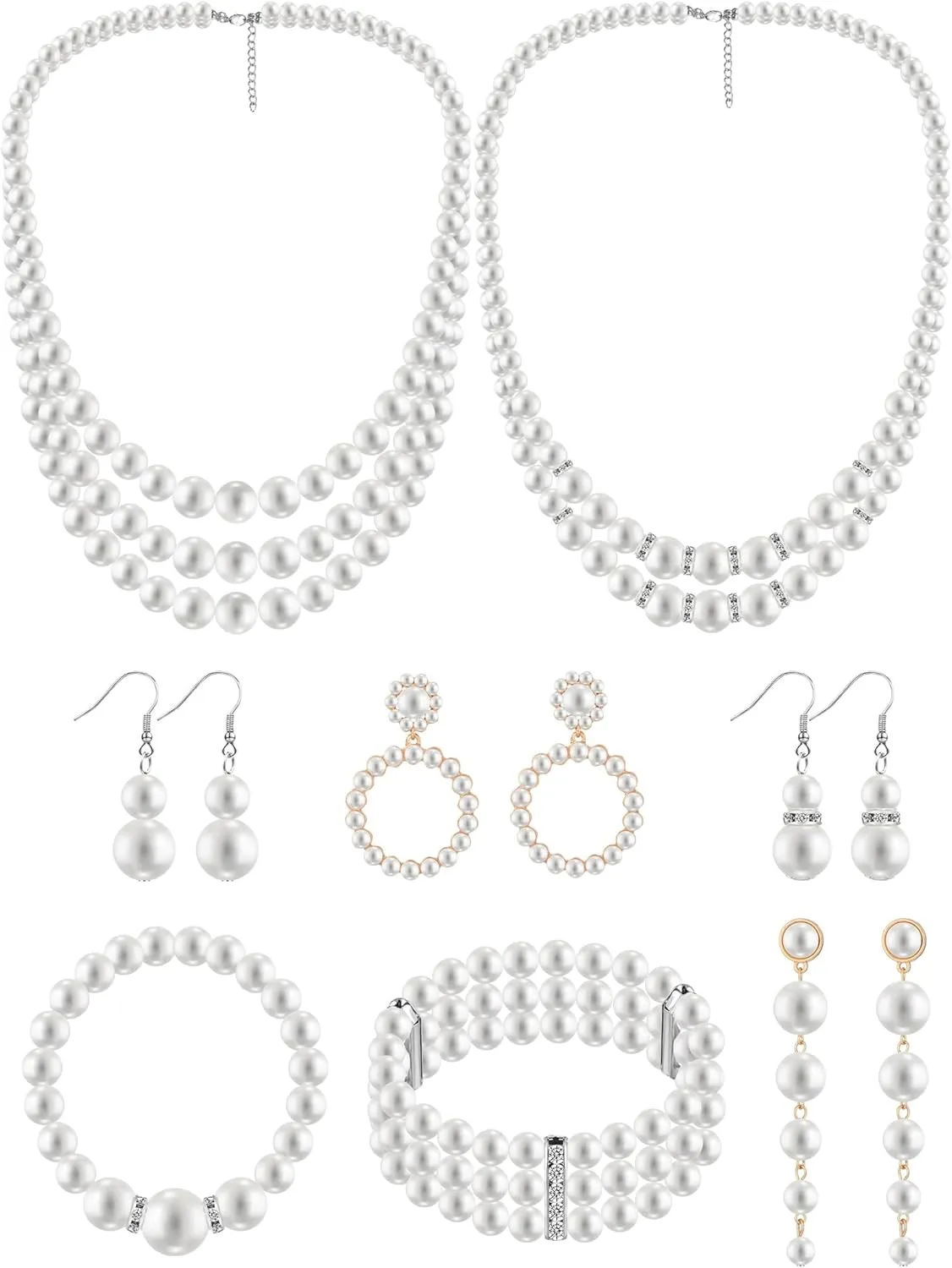 BBTO 8 Pcs Pearl Necklace and Earrings Set for Women Faux Pearl Bracelets Costume Jewelry Set for Wedding Bridal Shower Graduation Birthdays Dance Balls Party Mother's Day Gifts