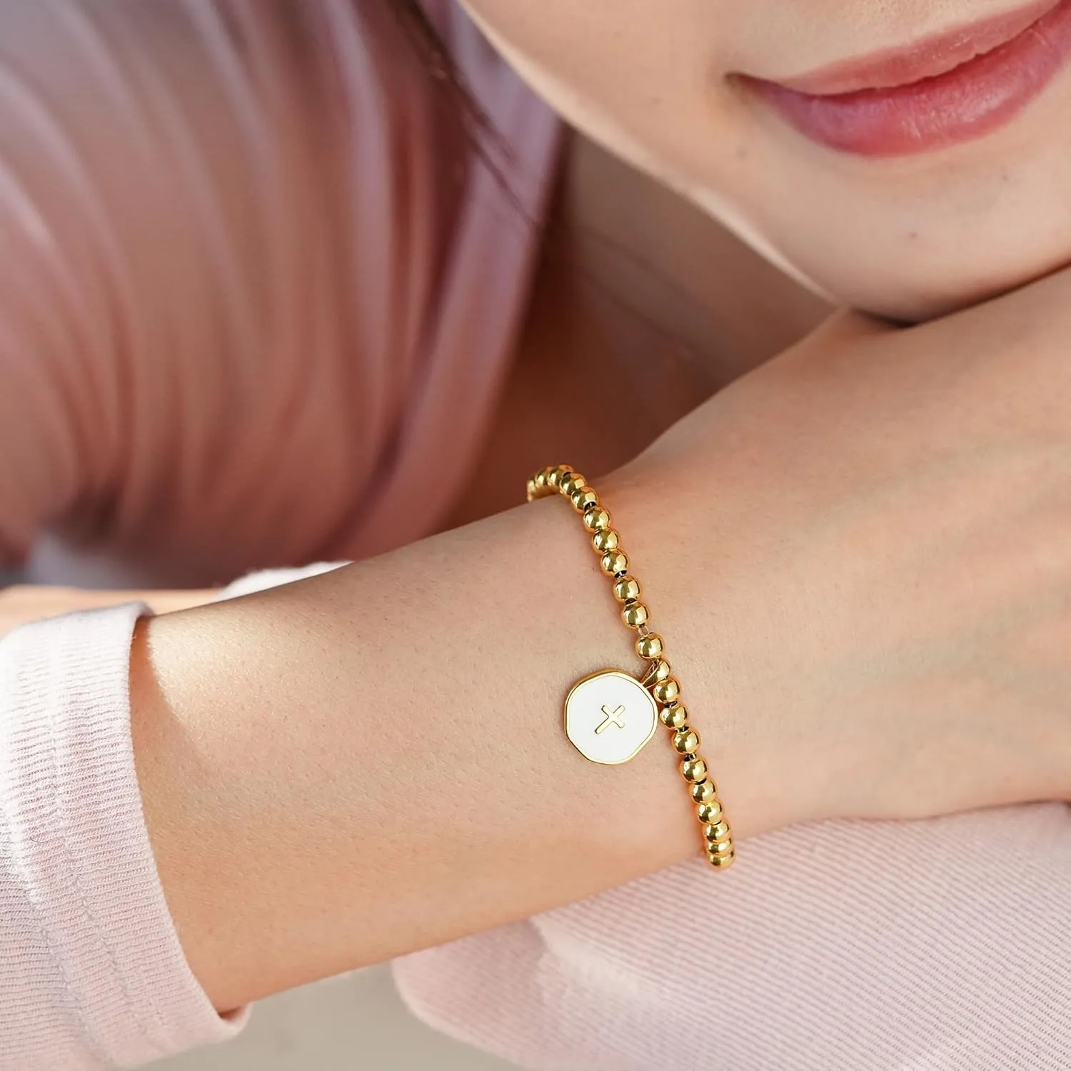 Beaded Bracelets for Women with Enamel Cross  Christian Gifts, Baptism Gifts for Women, Religious Gifts, 3mm gold beads, 18K Gold Plated, Triple-Layered Finish, Length 6-8''