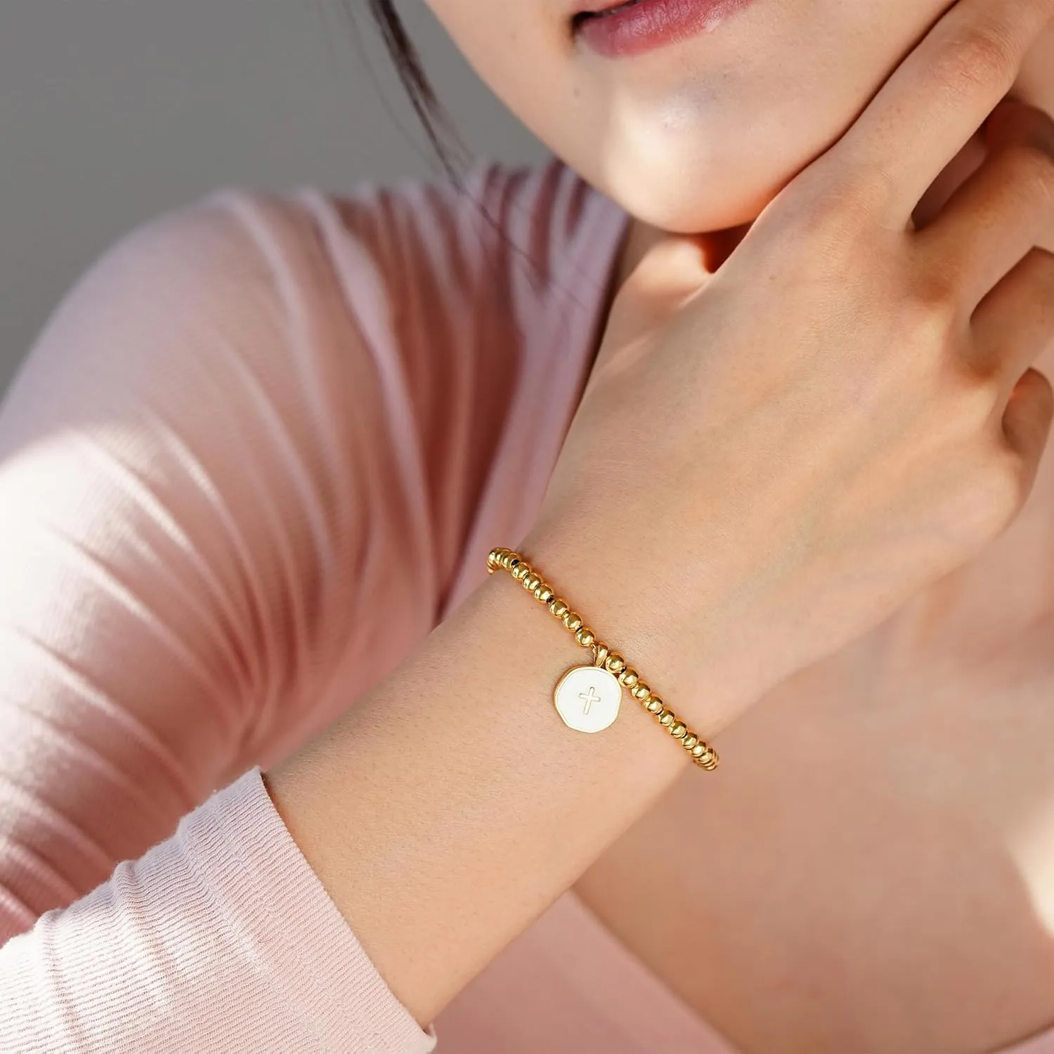 Beaded Bracelets for Women with Enamel Cross  Christian Gifts, Baptism Gifts for Women, Religious Gifts, 3mm gold beads, 18K Gold Plated, Triple-Layered Finish, Length 6-8''