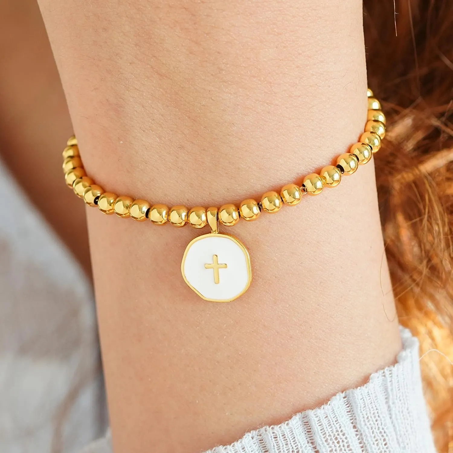 Beaded Bracelets for Women with Enamel Cross  Christian Gifts, Baptism Gifts for Women, Religious Gifts, 3mm gold beads, 18K Gold Plated, Triple-Layered Finish, Length 6-8''