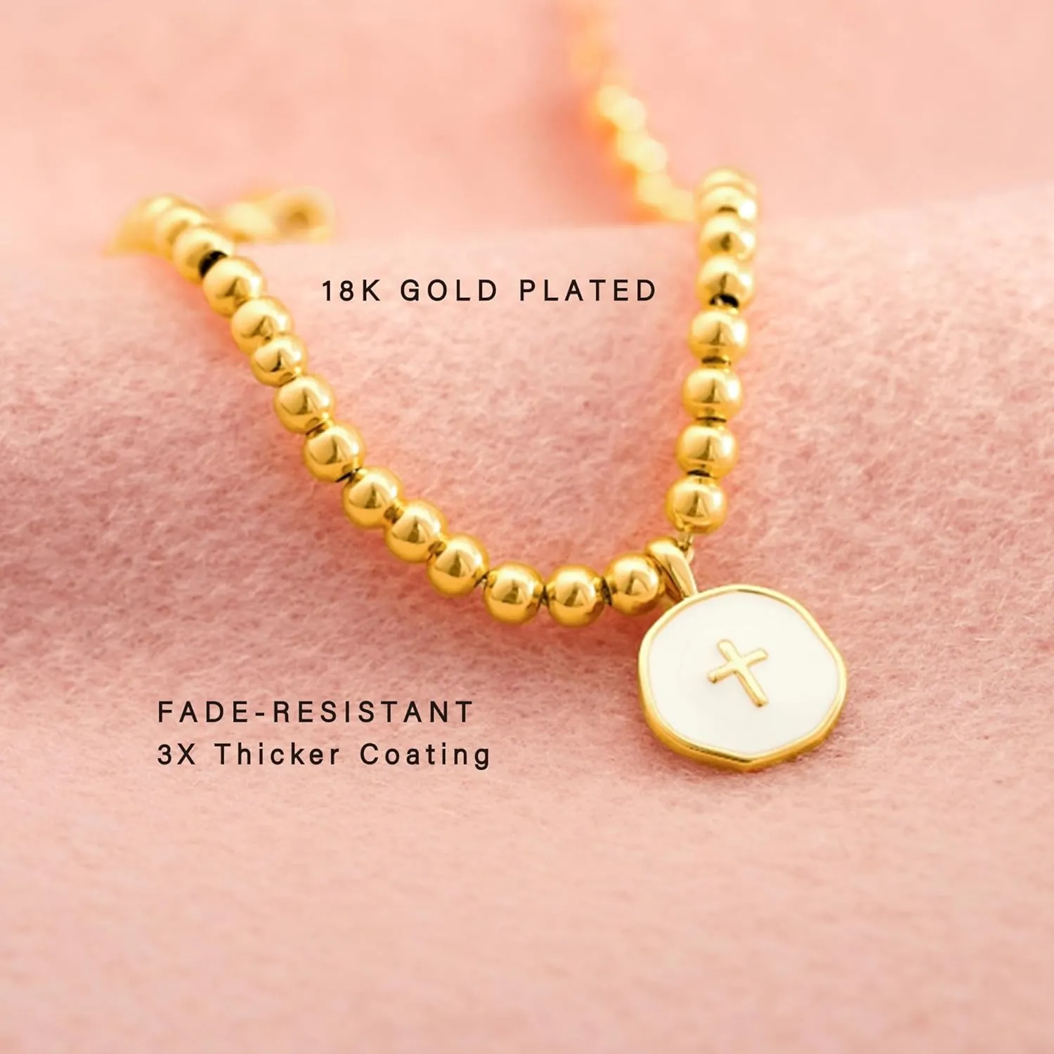 Beaded Bracelets for Women with Enamel Cross  Christian Gifts, Baptism Gifts for Women, Religious Gifts, 3mm gold beads, 18K Gold Plated, Triple-Layered Finish, Length 6-8''