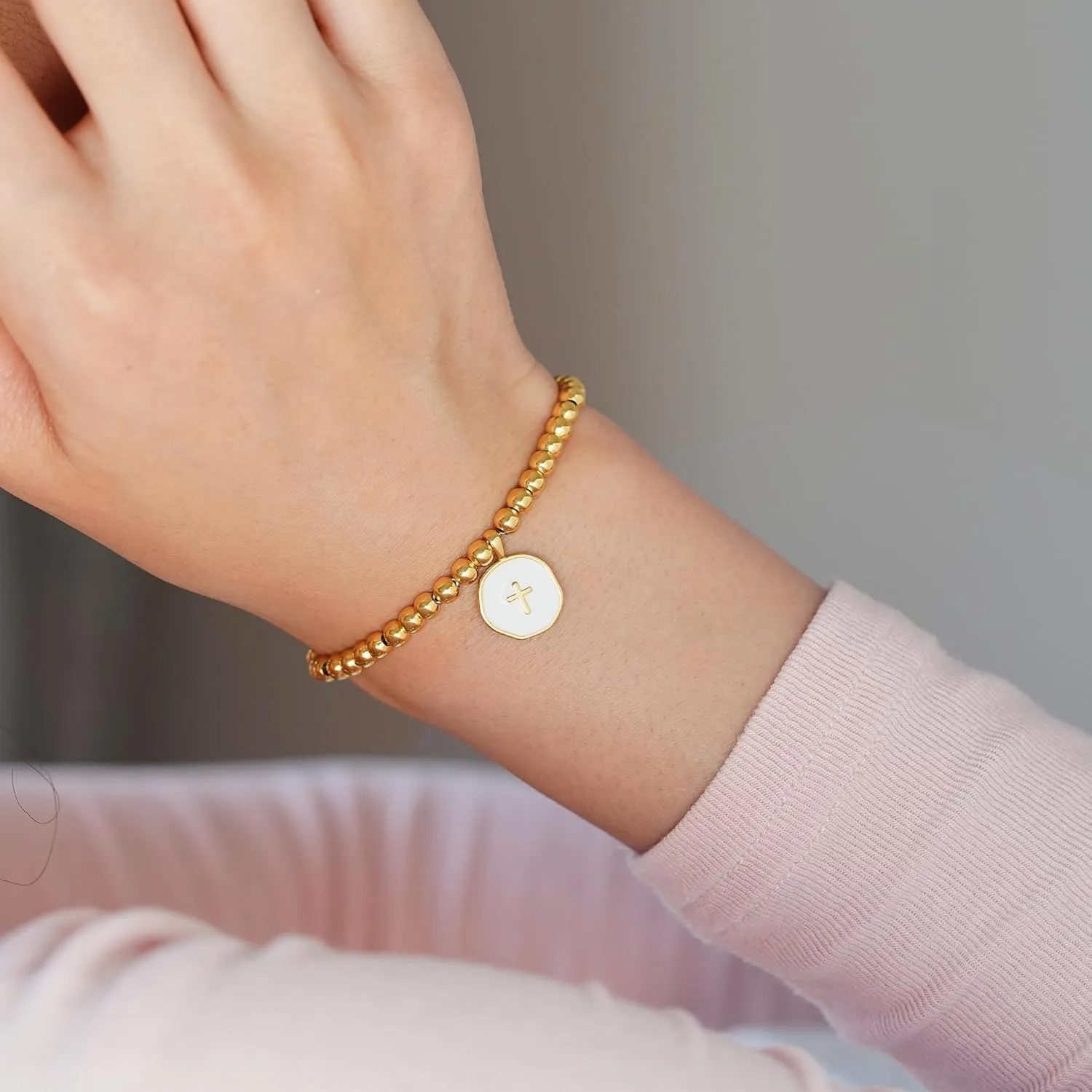 Beaded Bracelets for Women with Enamel Cross  Christian Gifts, Baptism Gifts for Women, Religious Gifts, 3mm gold beads, 18K Gold Plated, Triple-Layered Finish, Length 6-8''