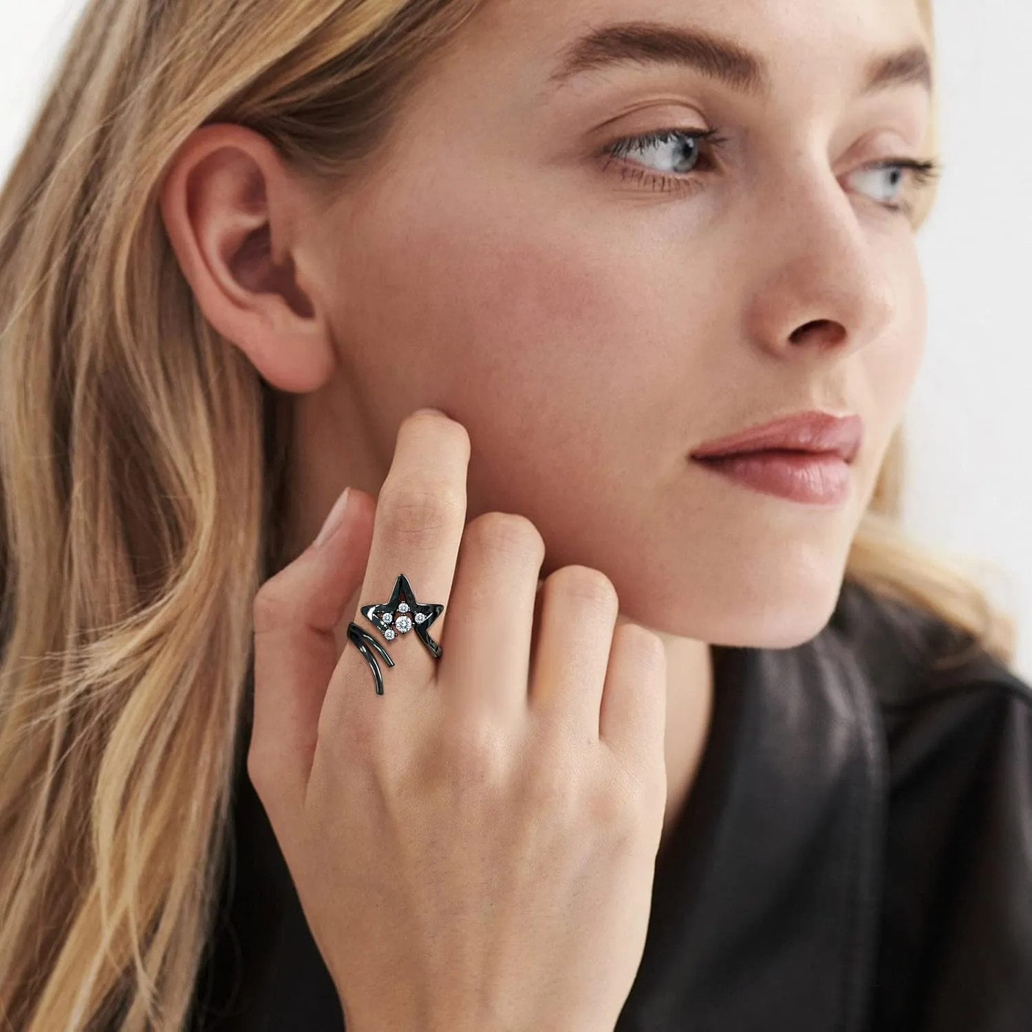 Beautlace Adjustable Ring - Sparkling Hollow Star Index Joint Knuckle Ring - Sliver/Black Gun Plated Star Wrap Open Ring - Jewelry Gifts for Women KR0079