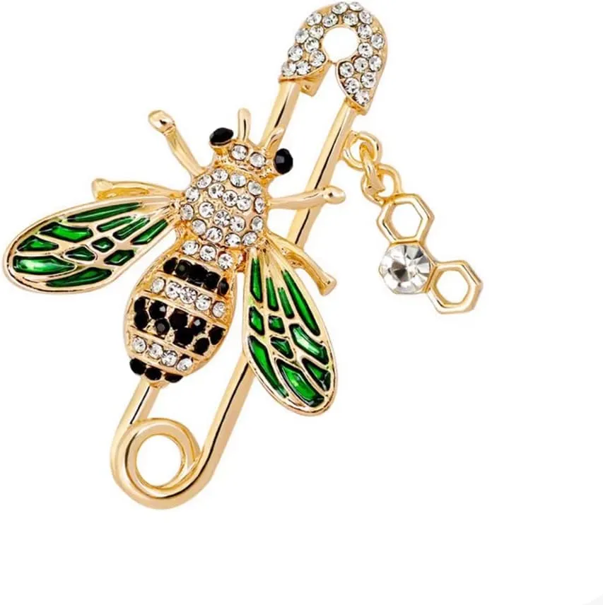 Bee Safety Pin Rhinestones Brooches Pins Delicate Cute Green Enamel Animal Crystal Brooch for Women Teen Girls for Party Dance Banquet Dainty Elegant Beautiful Collar Scarf Dress Suit Shirt Bag Hat