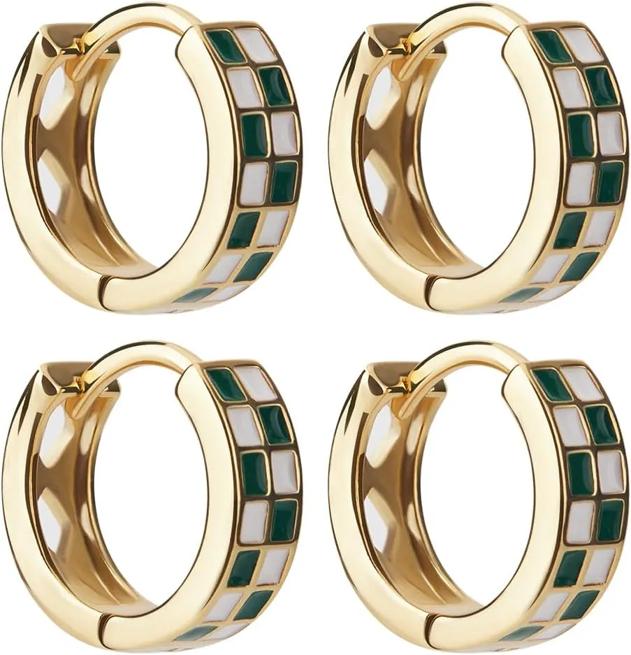 Beebeecraft 2 Pairs Checkerboard Hoop Earrings Real 18K Gold Plated Enamel Grid Geometric Round Earrings for Women Earring