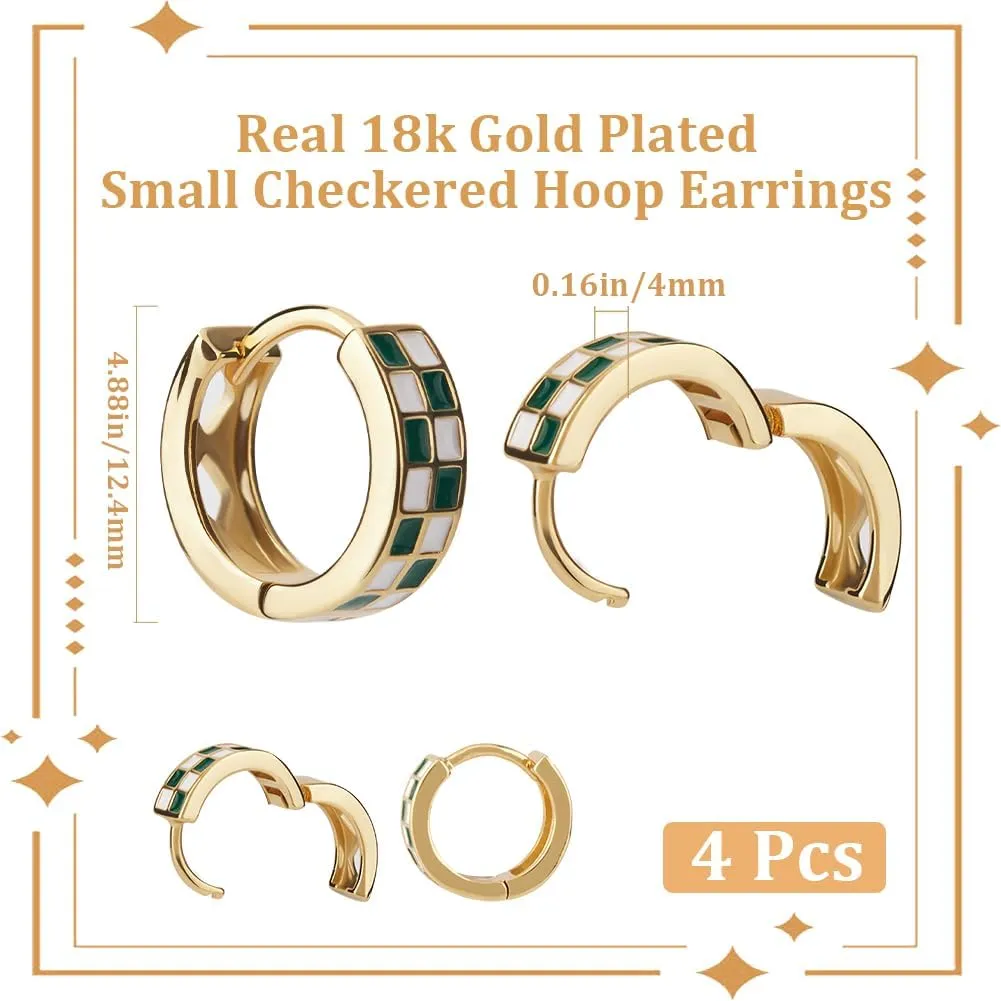 Beebeecraft 2 Pairs Checkerboard Hoop Earrings Real 18K Gold Plated Enamel Grid Geometric Round Earrings for Women Earring