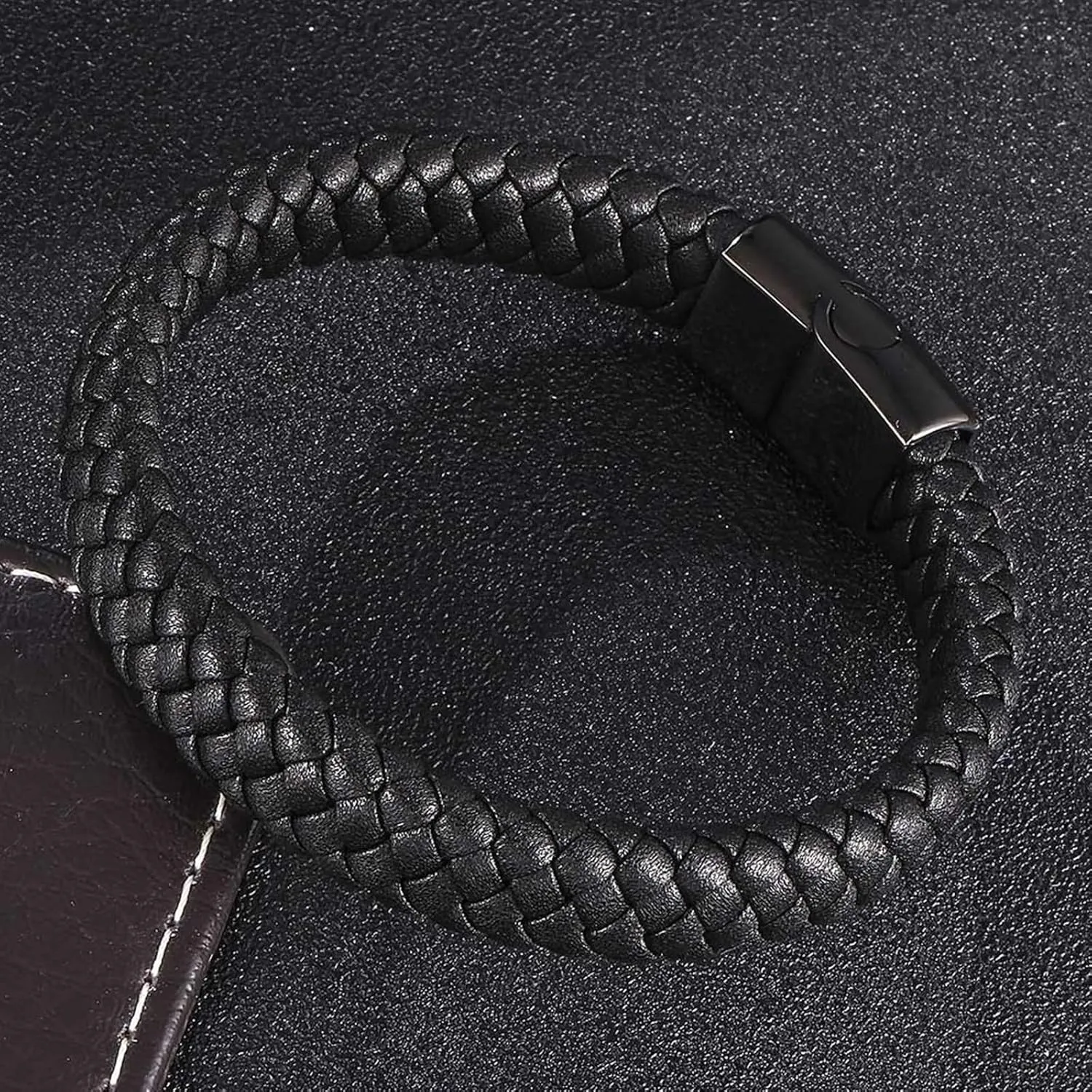 Best Friend Bracelets for Adults, Men Bracelet Simple Style Braided Cord Leather with Stainless Steel Ornaments