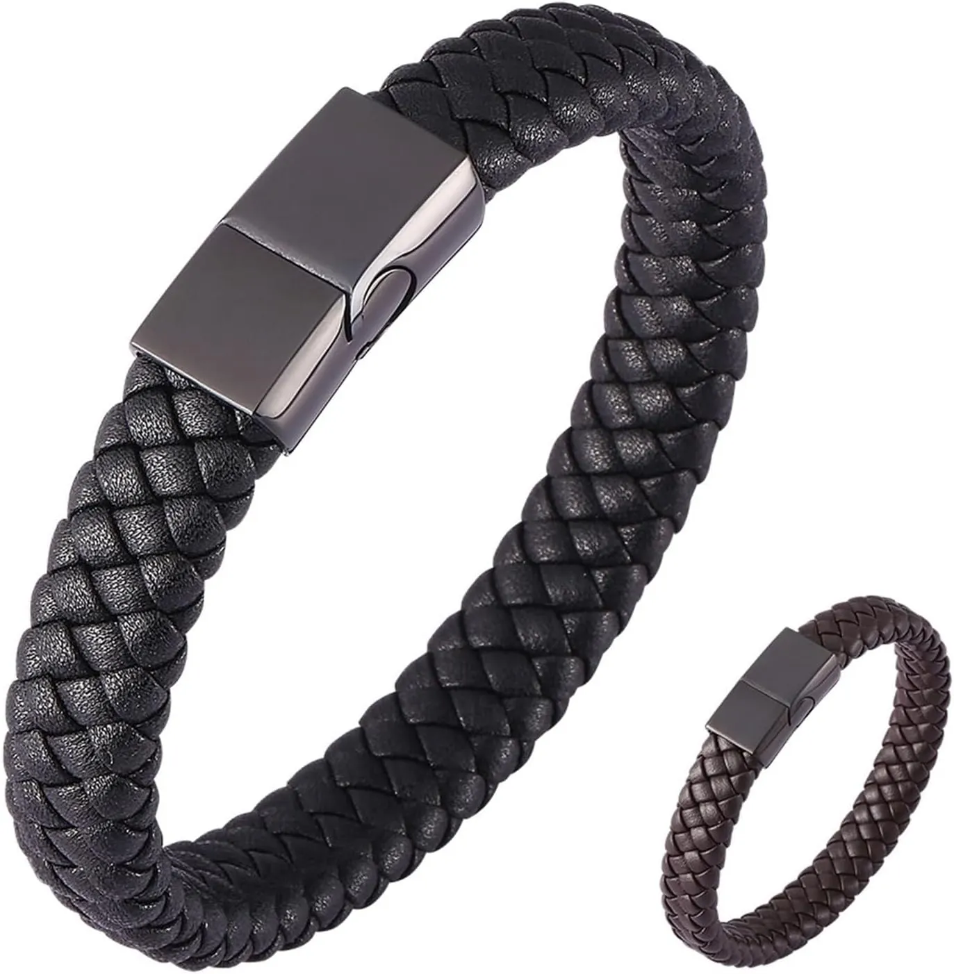 Best Friend Bracelets for Adults, Men Bracelet Simple Style Braided Cord Leather with Stainless Steel Ornaments