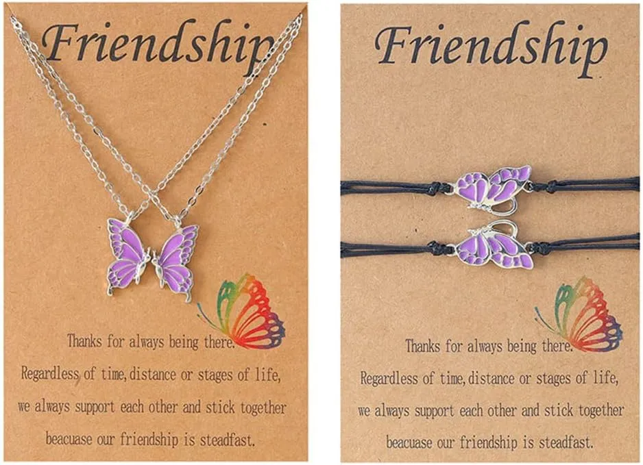 Best Friend Butterfly Necklace Cute Enamel Butterfly Animal Friendship Necklace Bracelets Set for Women Men Couple Jewelry