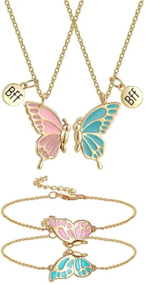 Best Friend Butterfly Necklace Cute Enamel Butterfly Animal Friendship Necklace Bracelets Set for Women Men Couple Jewelry