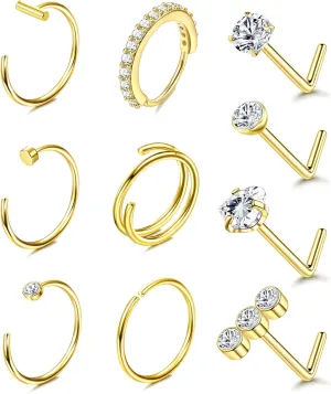 BESTEEL 14K Gold Filled Nose Ring Studs 20G Nose Rings Hoops Stud 316L Stainless Steel Nose Rings Round CZ Heart Simulated Diamond L Shaped Nose Stud Hypoallergenic Nostril Piercing Jewelry for Women Men 10Pcs