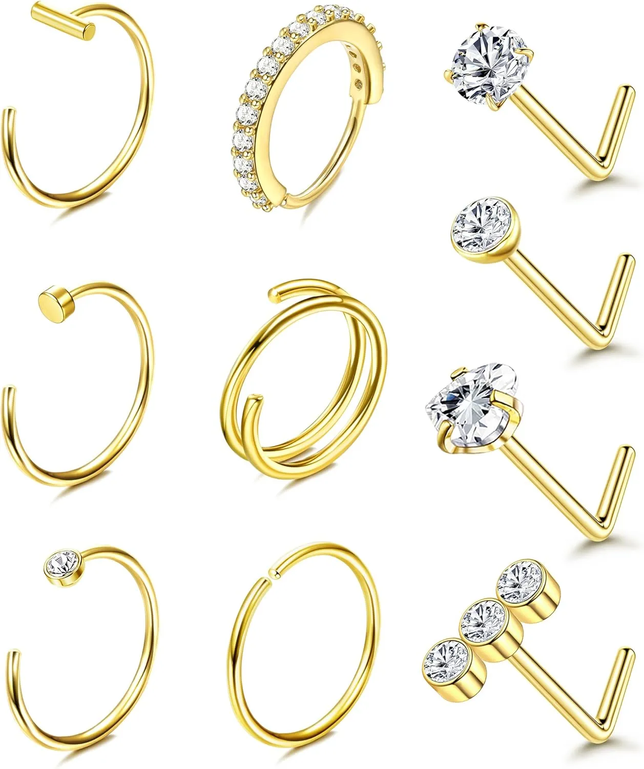 BESTEEL 14K Gold Filled Nose Ring Studs 20G Nose Rings Hoops Stud 316L Stainless Steel Nose Rings Round CZ Heart Simulated Diamond L Shaped Nose Stud Hypoallergenic Nostril Piercing Jewelry for Women Men 10Pcs