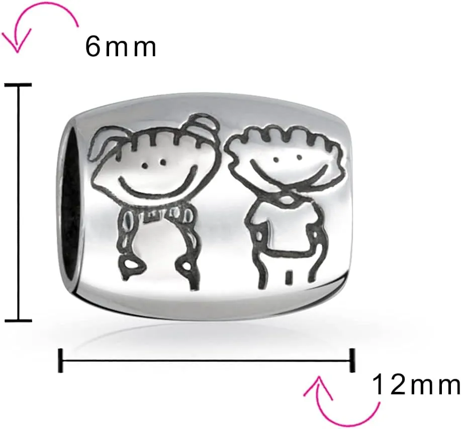 BFF Couple Besties Happy Smiling Friendship Family Brother Sister Friends Charm Bead For Women Teen Oxidized .925 Sterling Silver Fits European Bracelet