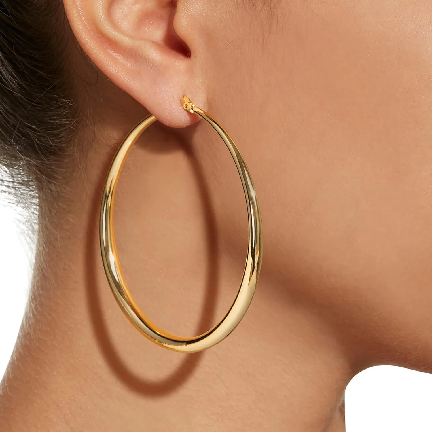 Big Thick Gold Hoop Earrings for Women 14K Real Gold Plated Classic Lightweight Chunky Gold Hoops Hypoallergenic Hoop Earrings with 925 Sterling Silver Post