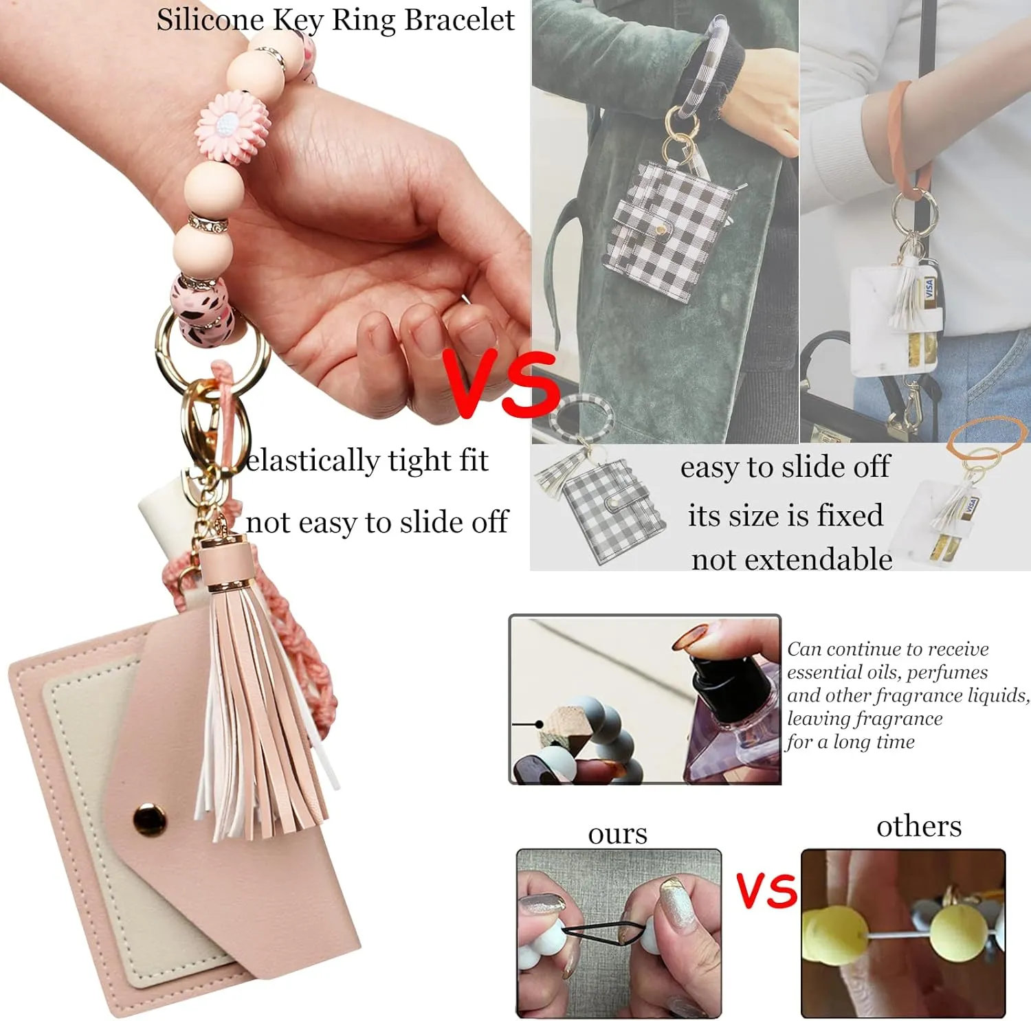 BIHRTC Silicone Key Ring Bracelets Wristlet Keychain Wallet with Net Chapstick Holder for Women