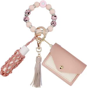 BIHRTC Silicone Key Ring Bracelets Wristlet Keychain Wallet with Net Chapstick Holder for Women