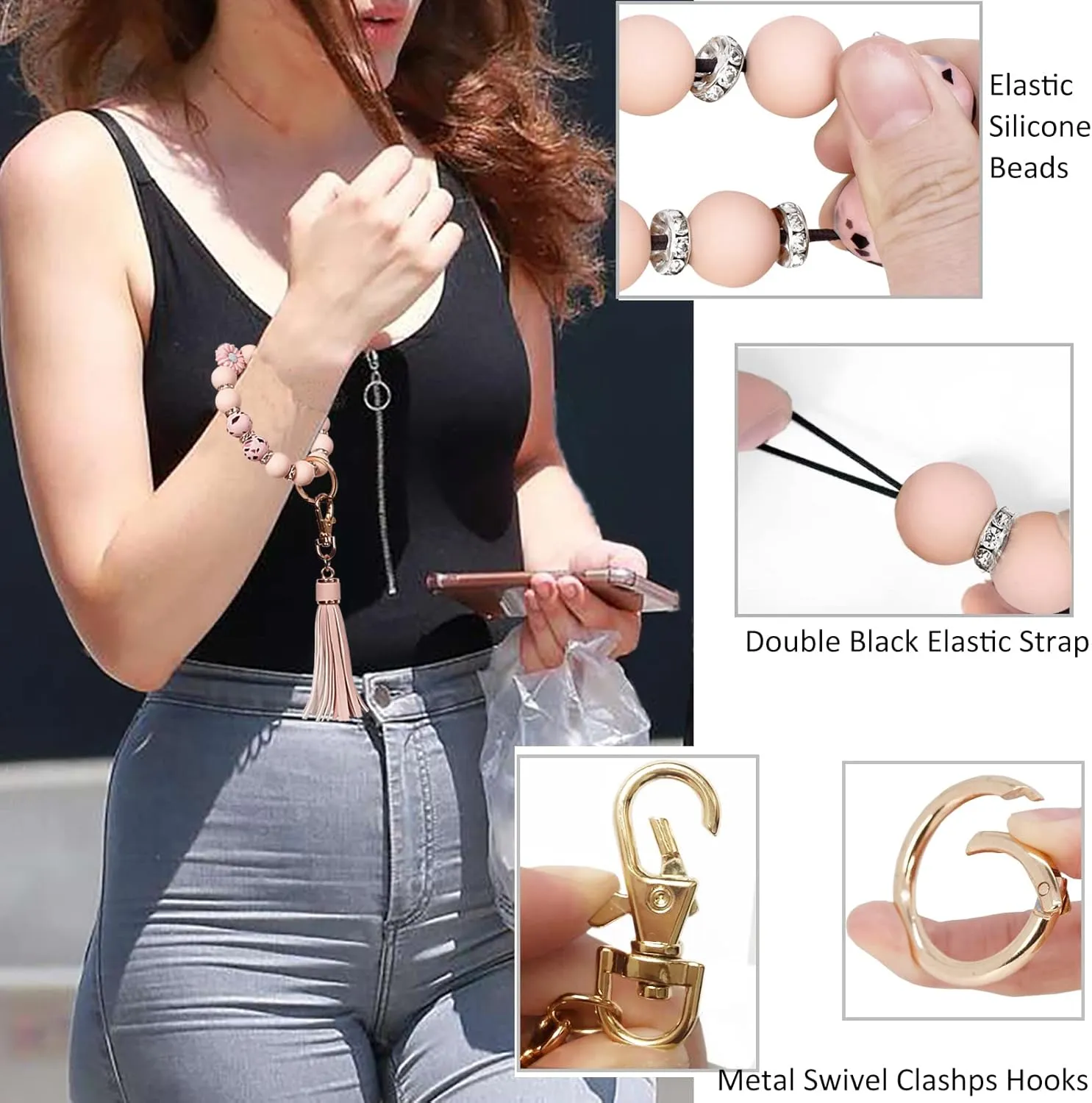 BIHRTC Silicone Key Ring Bracelets Wristlet Keychain Wallet with Net Chapstick Holder for Women