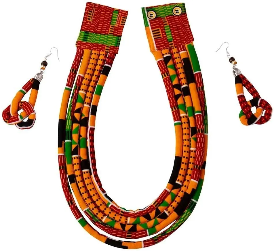 BintaRealWax African Necklace Earrings Set Ankara Fabric Print Multilayer Woven Rope Choker Layered Strand Collar