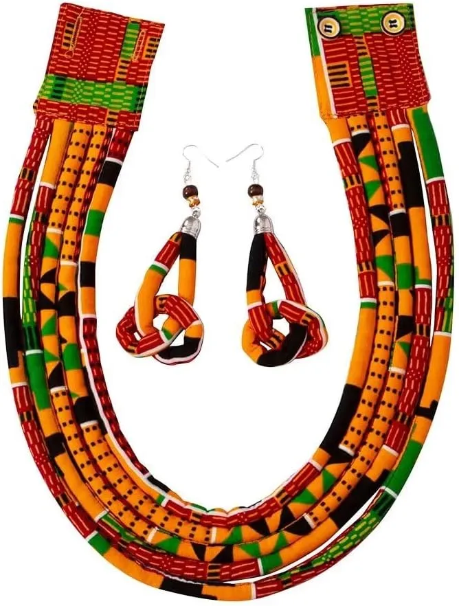 BintaRealWax African Necklace Earrings Set Ankara Fabric Print Multilayer Woven Rope Choker Layered Strand Collar