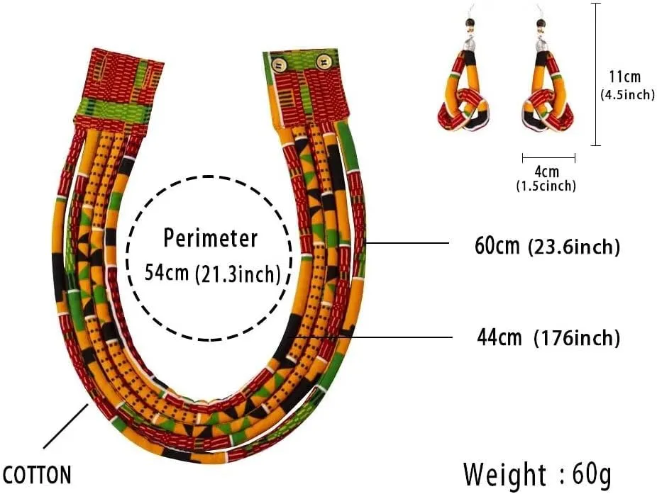 BintaRealWax African Necklace Earrings Set Ankara Fabric Print Multilayer Woven Rope Choker Layered Strand Collar