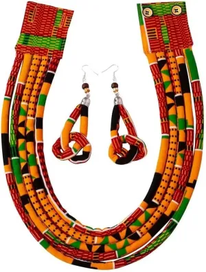 BintaRealWax African Necklace Earrings Set Ankara Fabric Print Multilayer Woven Rope Choker Layered Strand Collar
