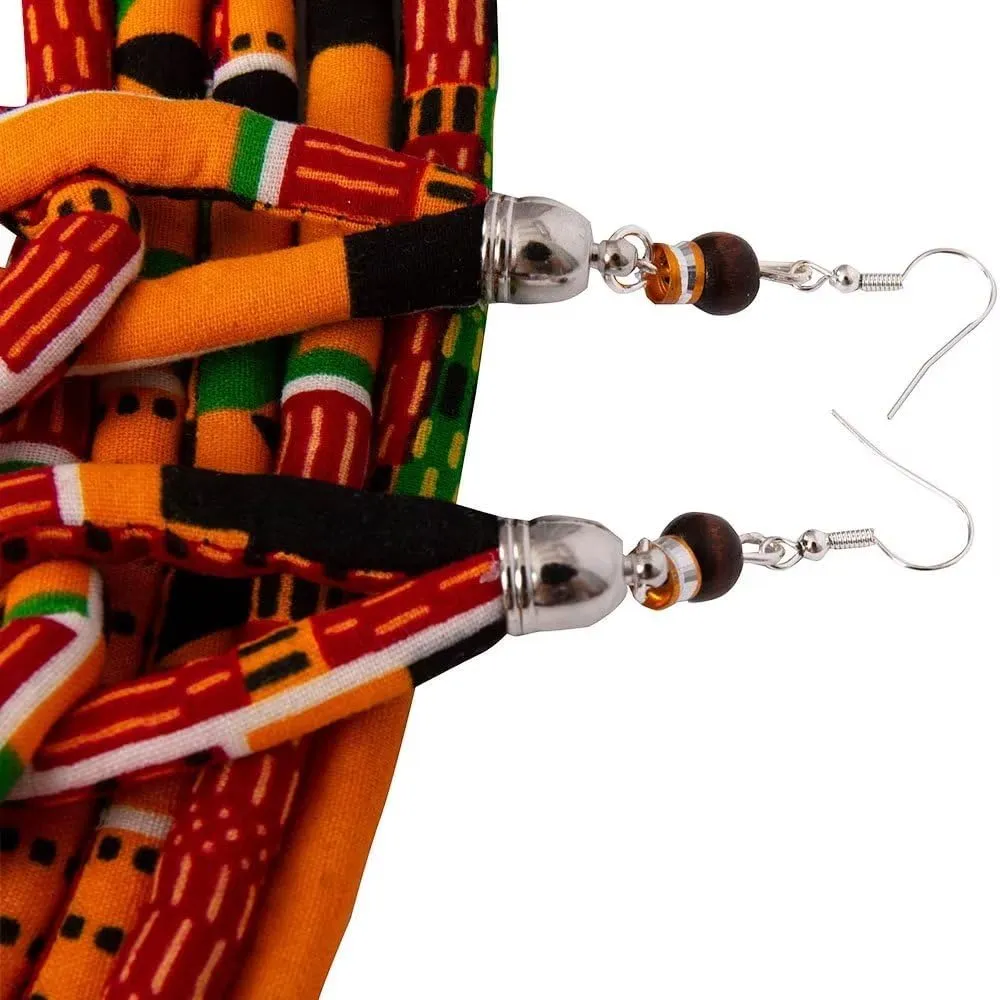 BintaRealWax African Necklace Earrings Set Ankara Fabric Print Multilayer Woven Rope Choker Layered Strand Collar