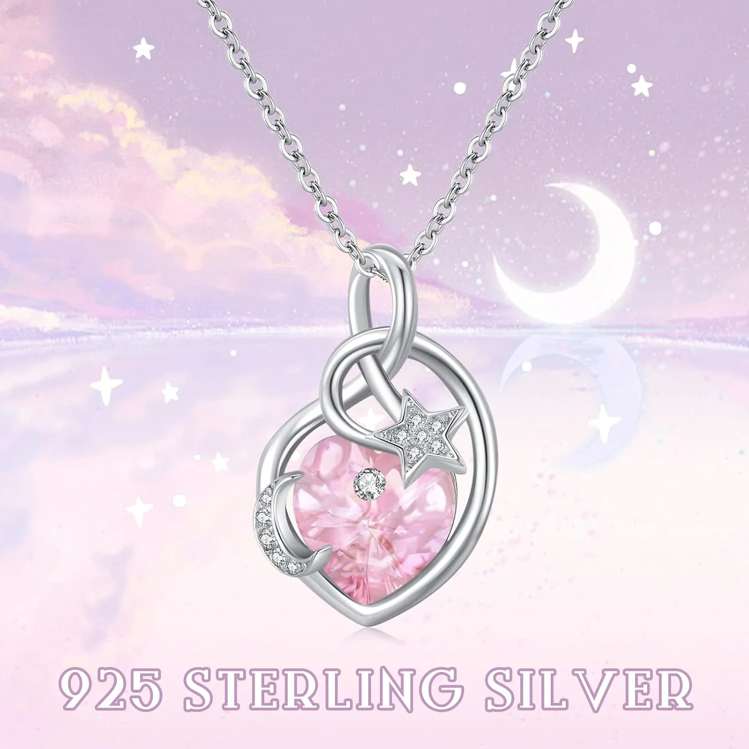 Birthstone Necklace Sterling Silver Birthstone Moon and Star Necklace Heart Crysta Birthstone Pendant Mother's Day Birthstone Jewelry Gifts for Women