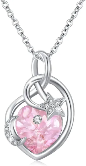 Birthstone Necklace Sterling Silver Birthstone Moon and Star Necklace Heart Crysta Birthstone Pendant Mother's Day Birthstone Jewelry Gifts for Women