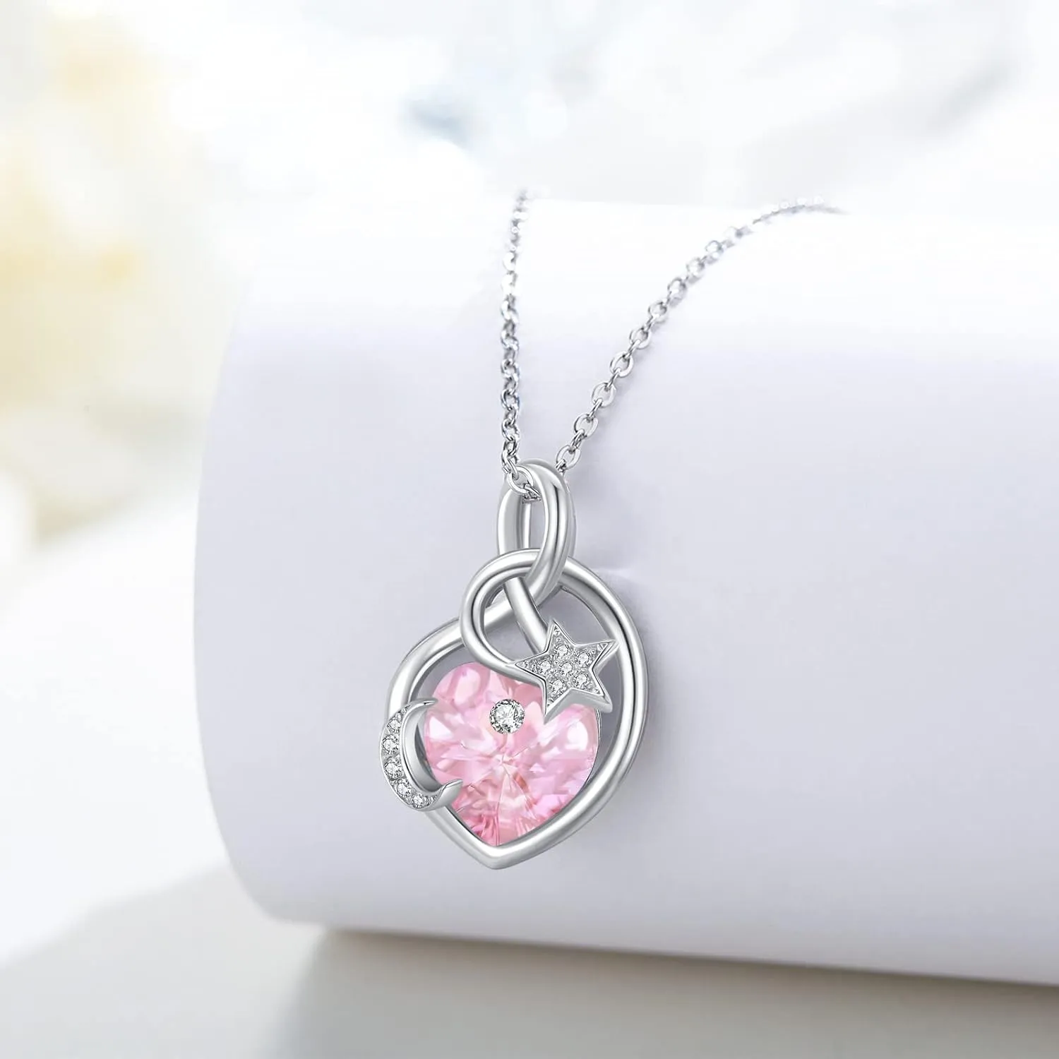 Birthstone Necklace Sterling Silver Birthstone Moon and Star Necklace Heart Crysta Birthstone Pendant Mother's Day Birthstone Jewelry Gifts for Women