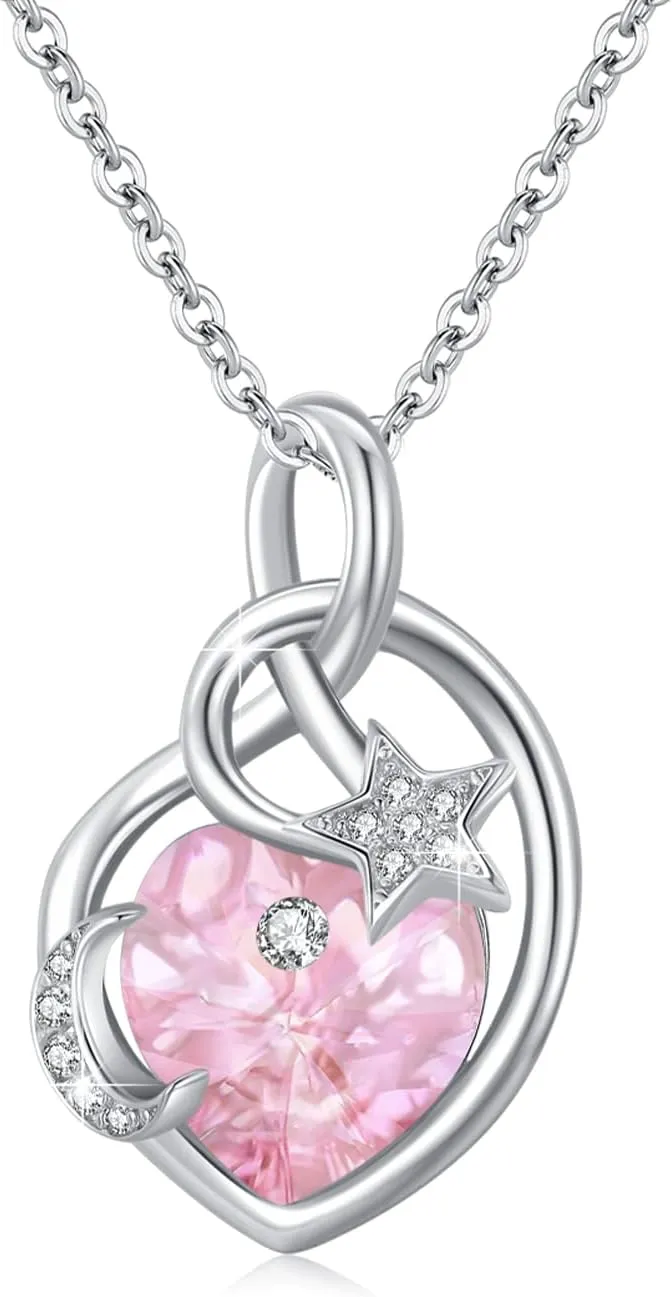 Birthstone Necklace Sterling Silver Birthstone Moon and Star Necklace Heart Crysta Birthstone Pendant Mother's Day Birthstone Jewelry Gifts for Women