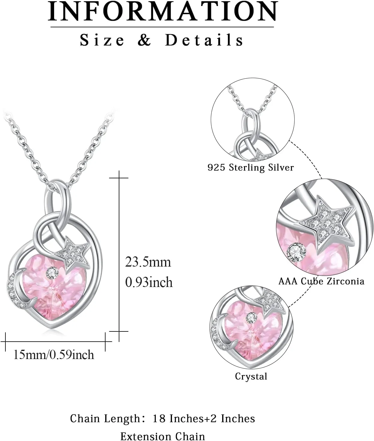 Birthstone Necklace Sterling Silver Birthstone Moon and Star Necklace Heart Crysta Birthstone Pendant Mother's Day Birthstone Jewelry Gifts for Women